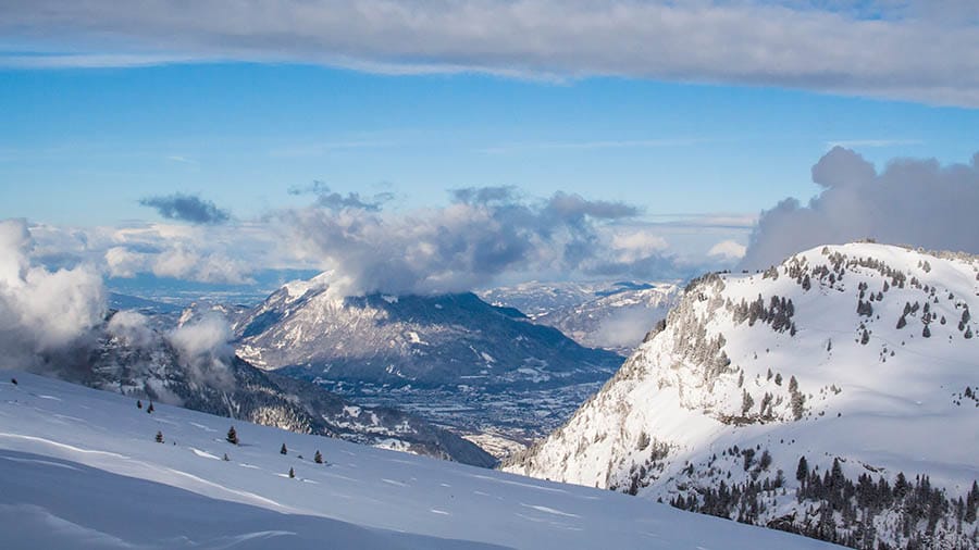 Dramatic view of Flaine from an off-piste section