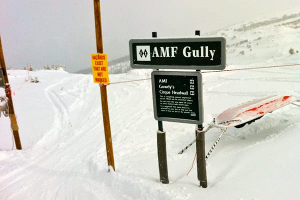 Sign showing the start of the 'Adios Mother F*****' ski run in Snowmass
