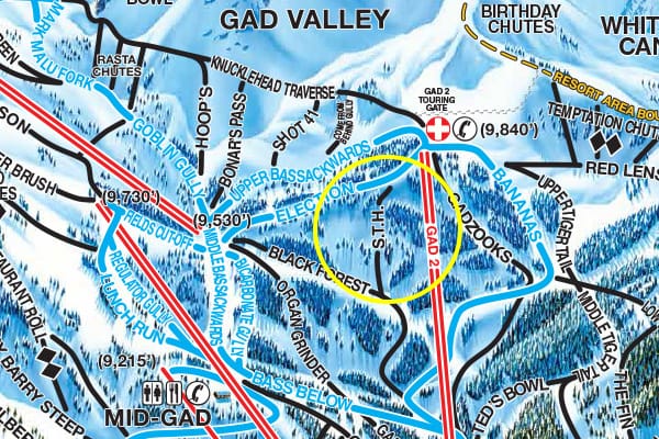 Screenshot of Snowbird piste map showing the 'Steeper than Hell' ski run