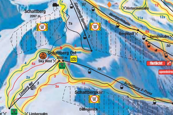 Screenshot of Mayrhofen piste map showing Schattberg ski run