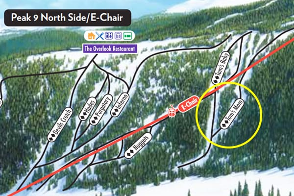 Screenshot of piste map showing 'Tom's Mom' ski run