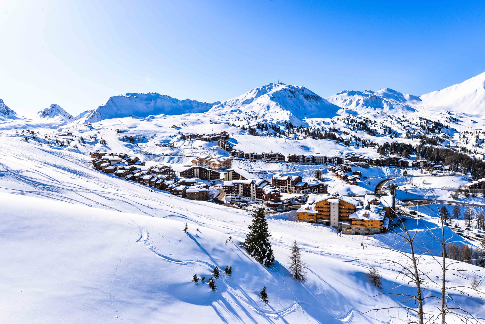 View of La Plagne in the Paradiski with sun shining