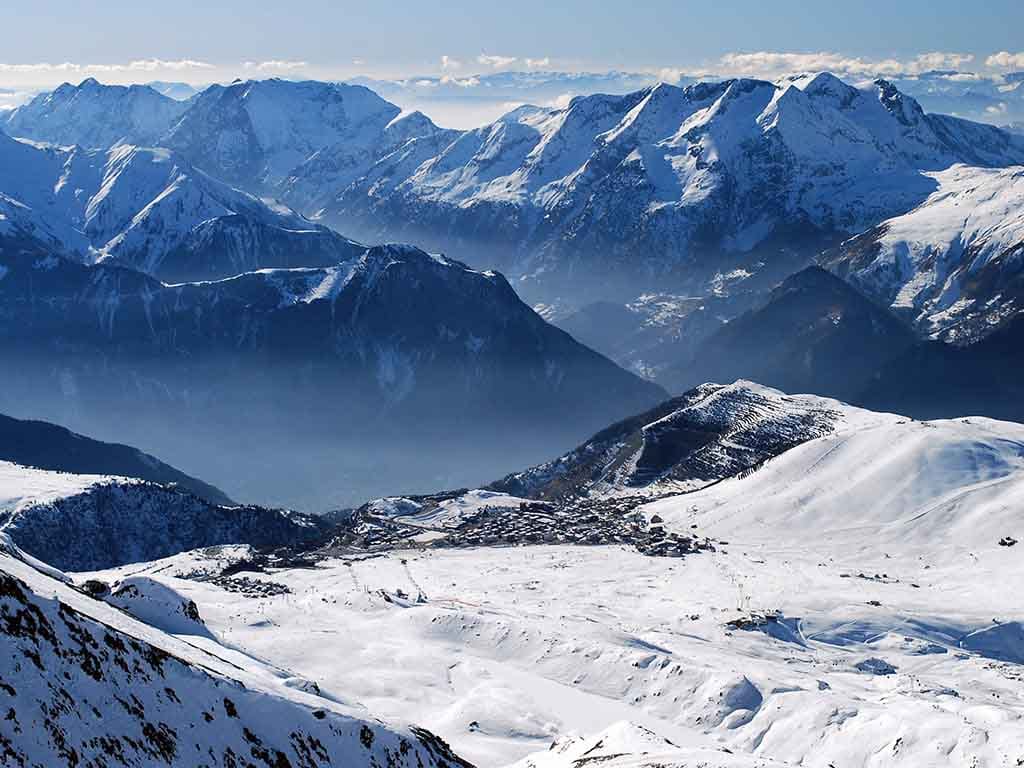 View of Alpe d'Huez from the slopes above 
