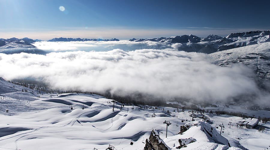 View of slopes in Les Arcs above the clouds