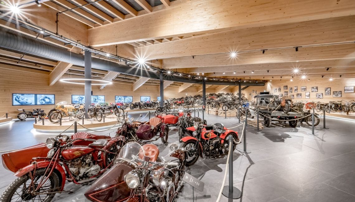 Inside of the TOP Mountain Motorcycle Museum with lots of retro motorbikes on display