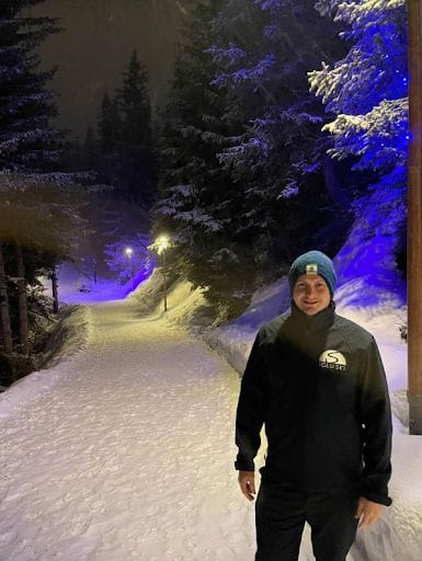 Iglu Ski team member, Phil, in woodland walk between La Rosiere and Les Eucherts