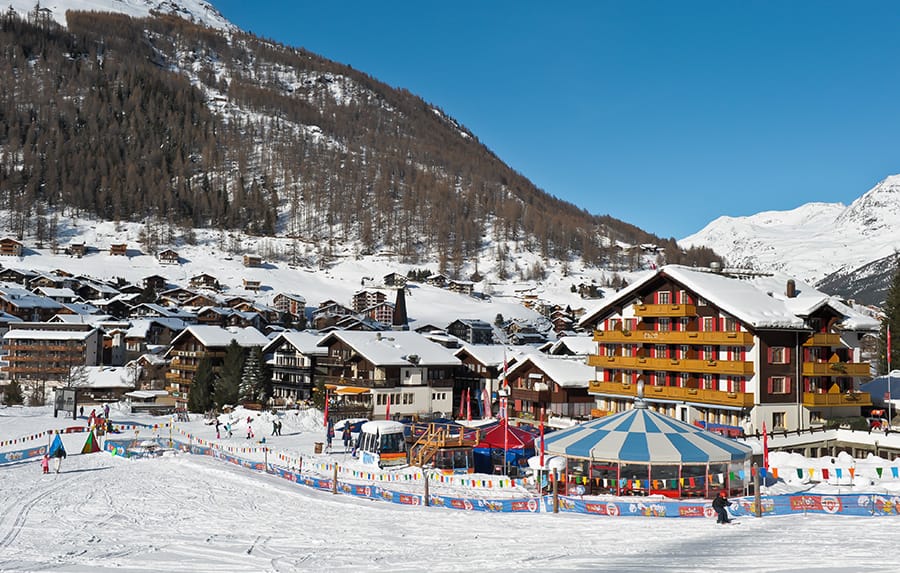 Beginner area in Saas Fee with trees in background
