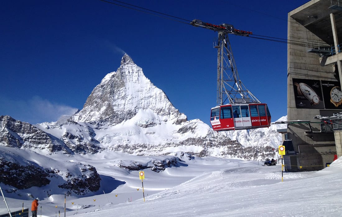 The Matterhorn mountain in the background of a cable car