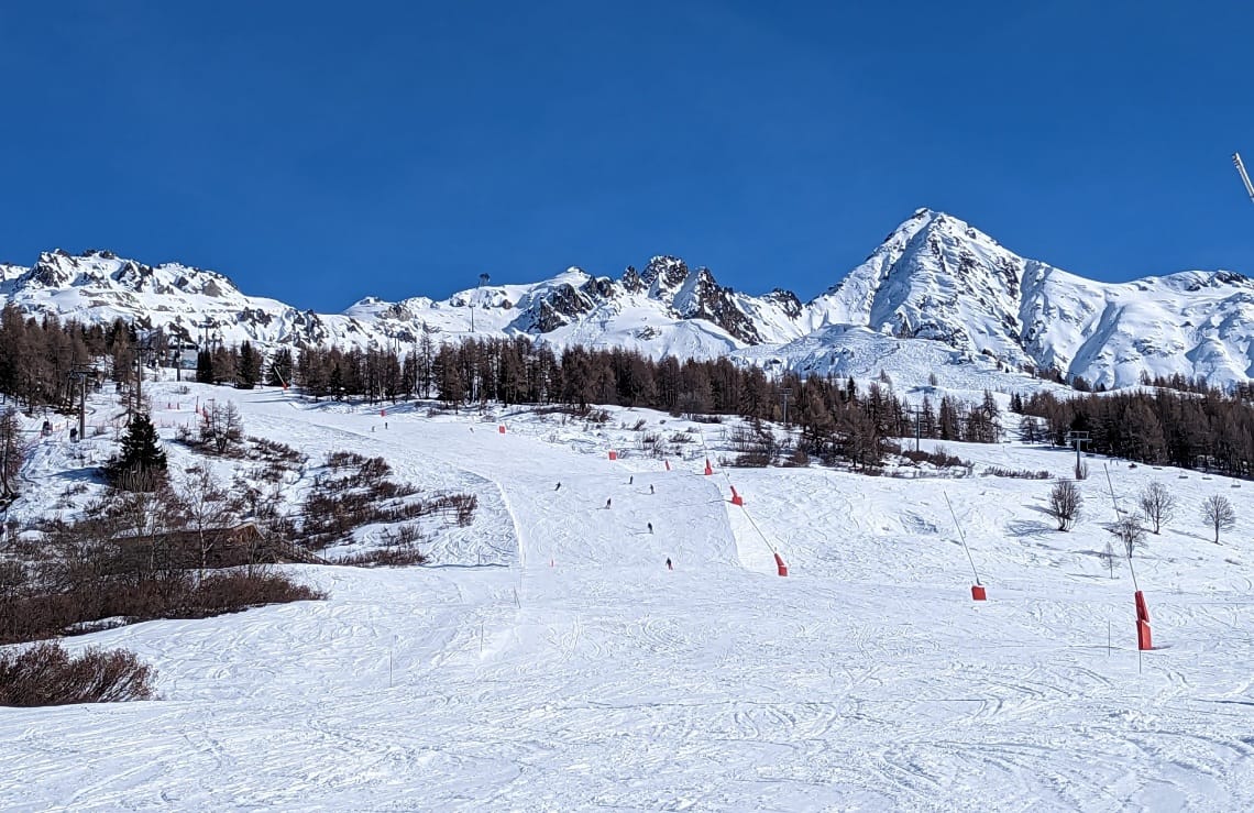 Slopes leading back to Les Arcs resort, with trees at the side