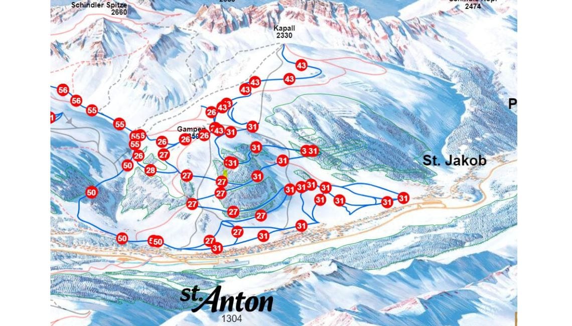 St Anton piste map showing lots of blue runs