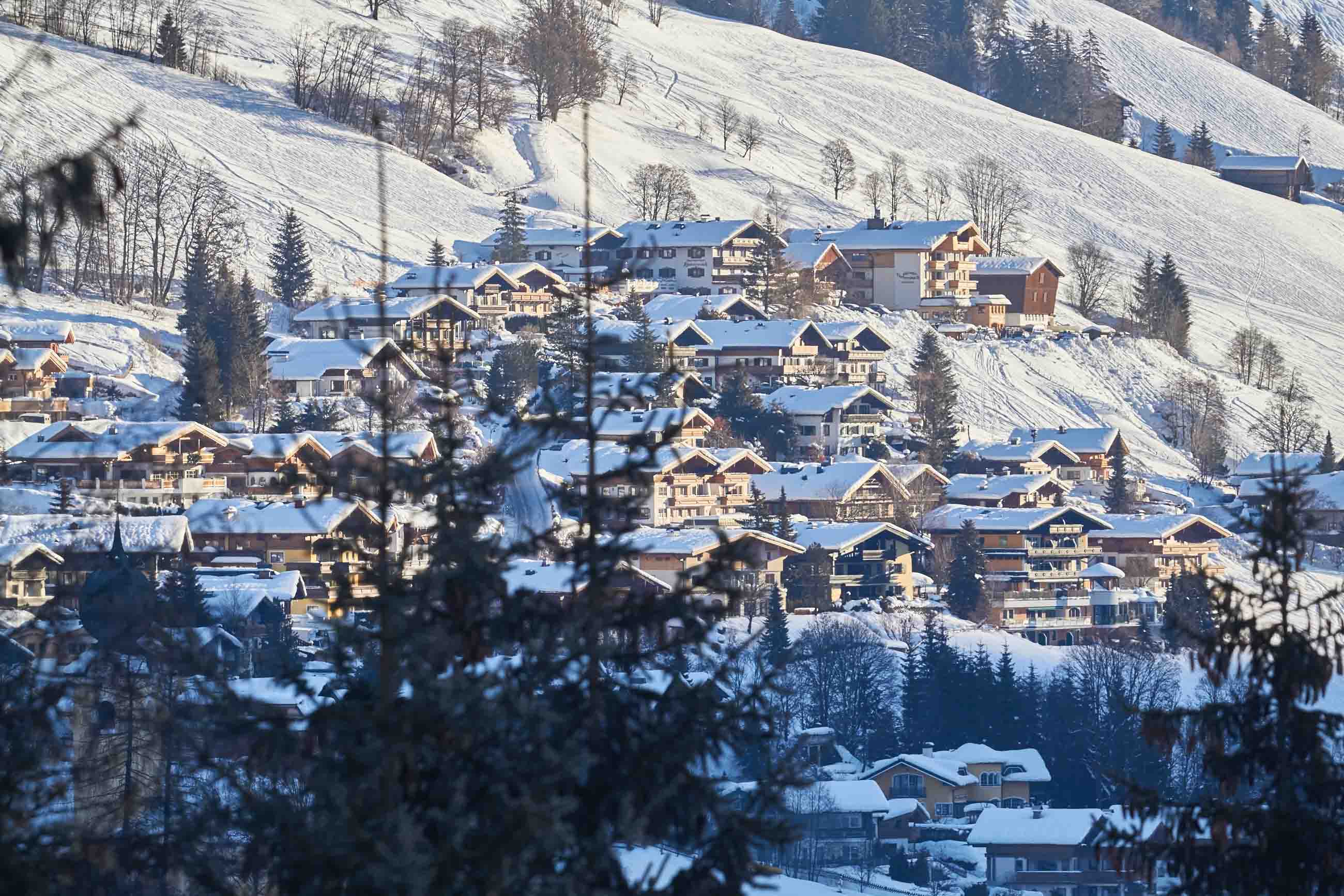 Saalbach buildings on mountainside with trees dotted about