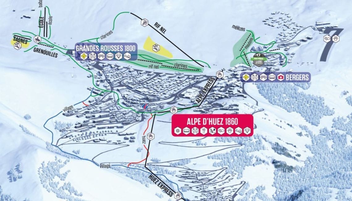 Map showing the lifts accessible on the beginners lift pass in Alpe d'Huez