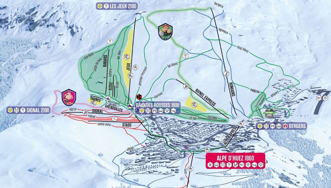 Map showing lifts available on the next lift pass up from beginners in Alpe d'Huez