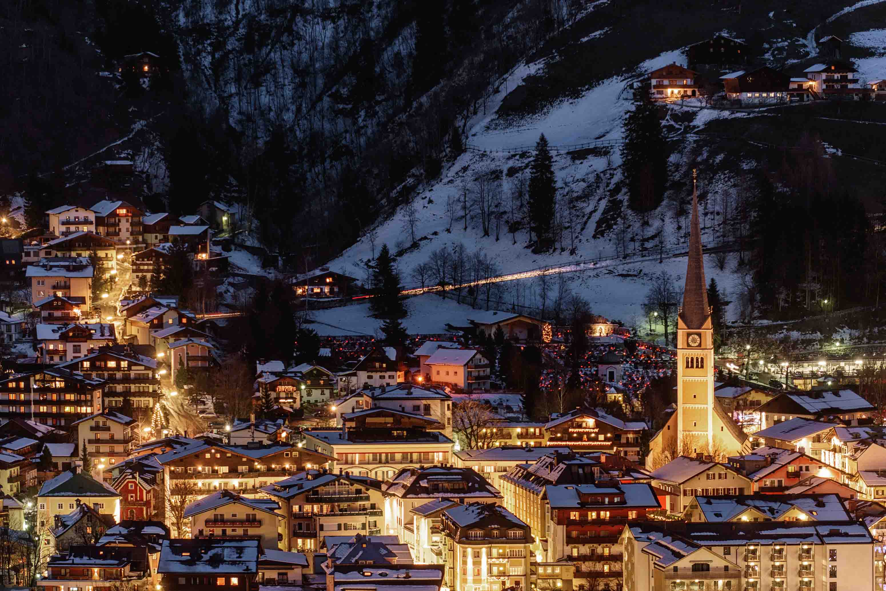 Soelden ski resort at night with pretty buildings