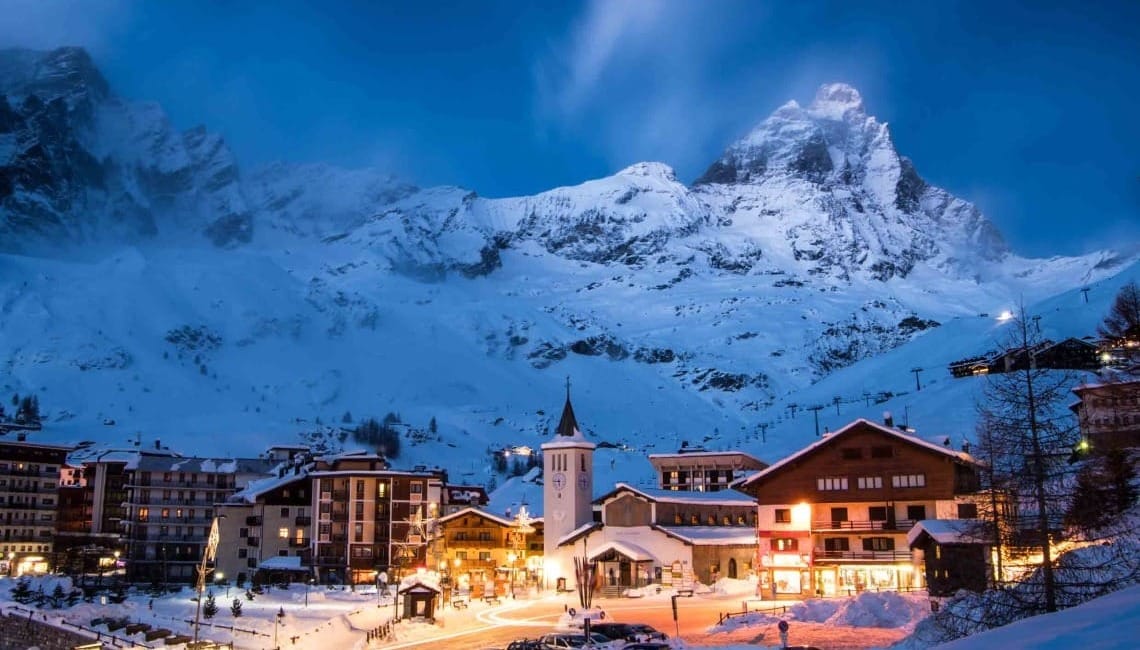 View of Cervinia town centre with the Matterhorn in the background