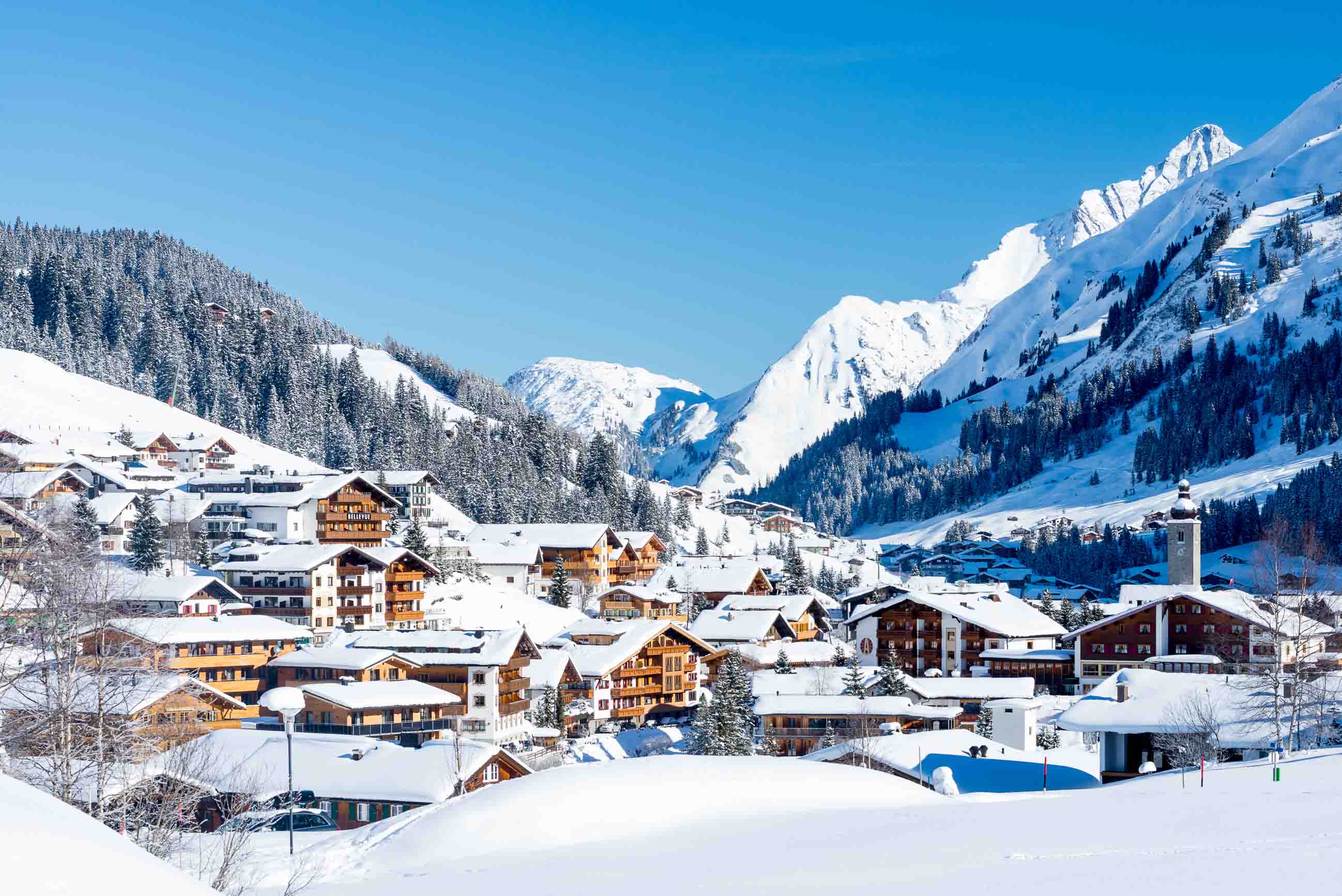 Lech ski resort covered in snow and sunshine