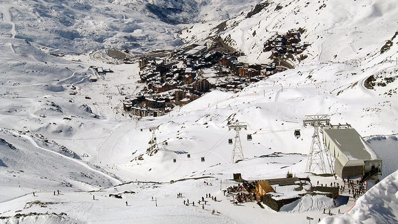 Val Thorens town from the slopes high above
