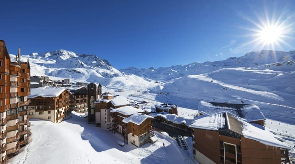 View from Val Thorens of the slopes beyond in the sunshine