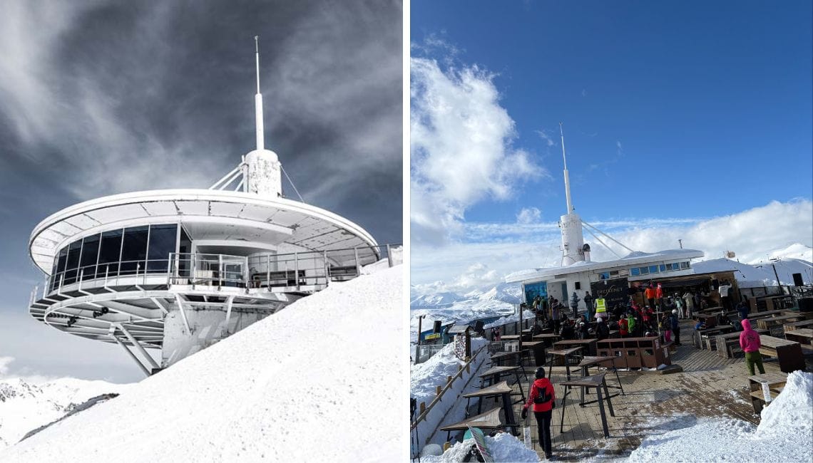 Splitscreen of Coll Blanc KSB apres bar - from below on left, and sun terrace on right