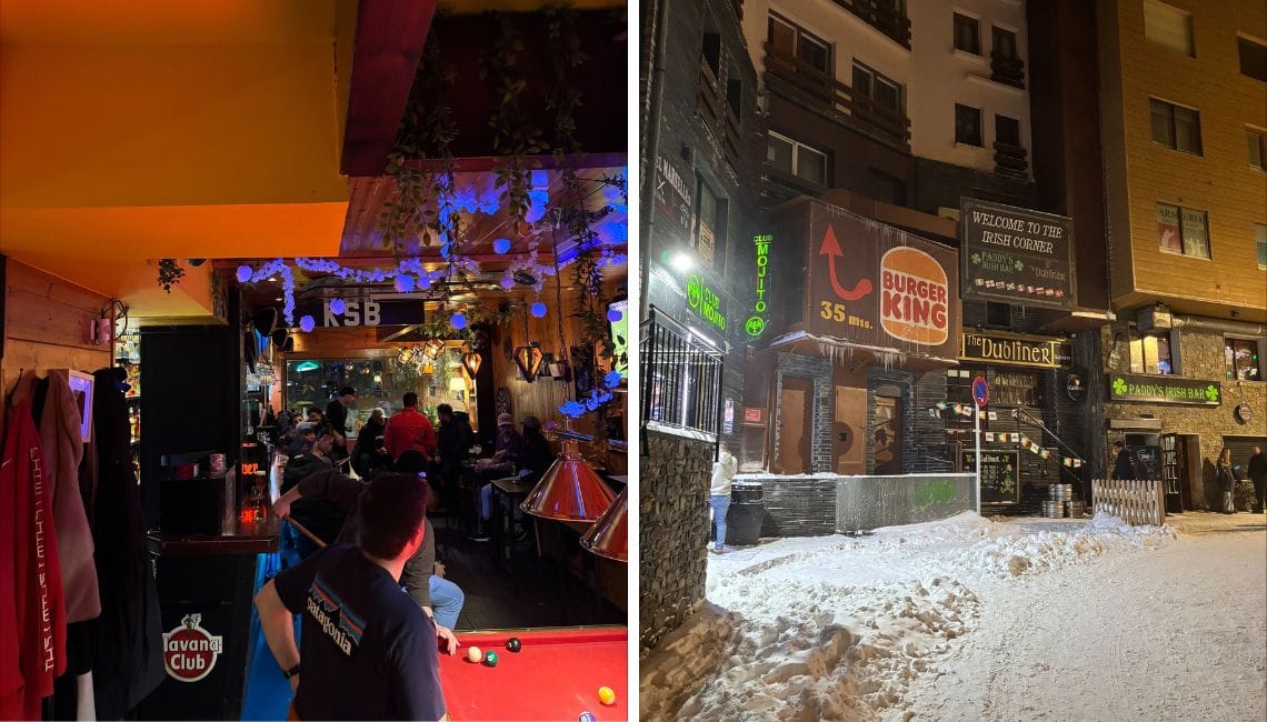 Splitscreen of interior of KSB bar on left with pool table and outside of the Irish Corner on the right