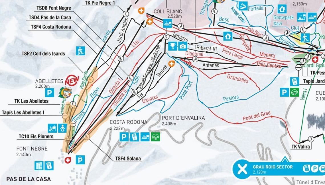 Piste map showing lifts highlighted which are in the beginners lift pass