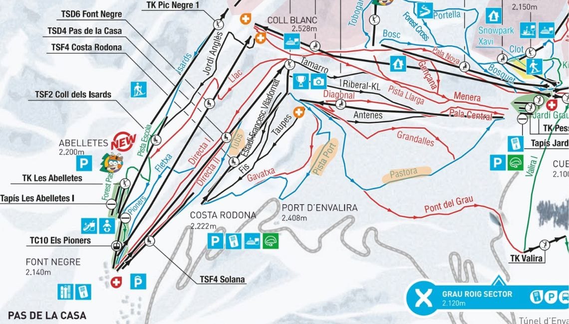 Piste map showing slopes immediately next to Pas de la Casa