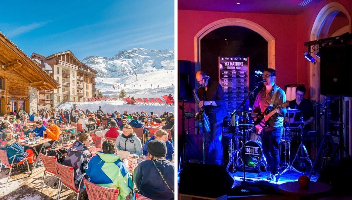 Splitscreen of Chalet de Luigi's sun terrace lunch session and live band inside later on