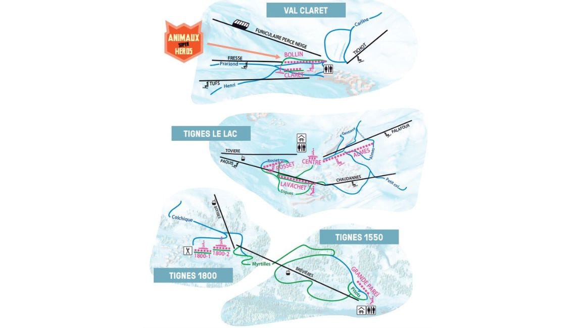 Animated map showing free beginner lifts in each village of Tignes