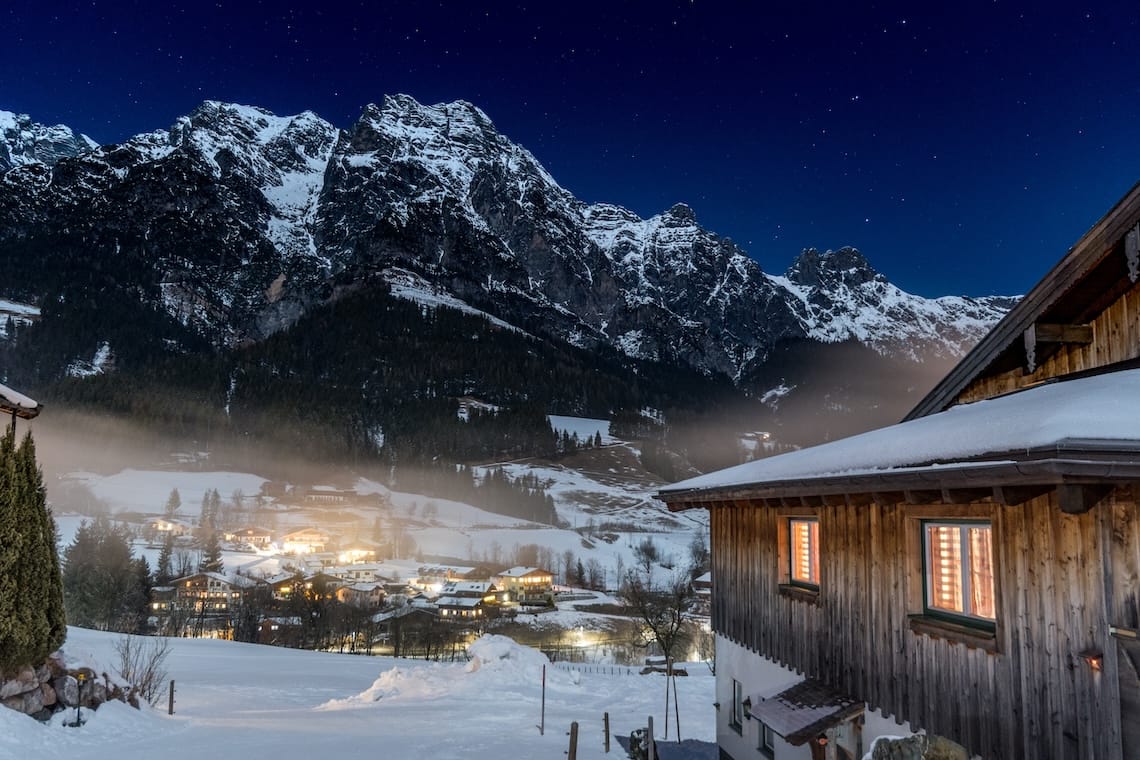 Leogang ski resort under a starry sky