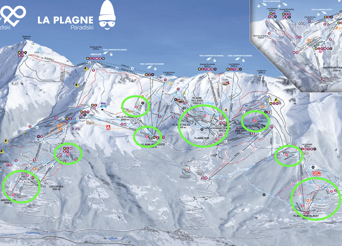 Map highlighting La Plagne's CoolSki beginner areas