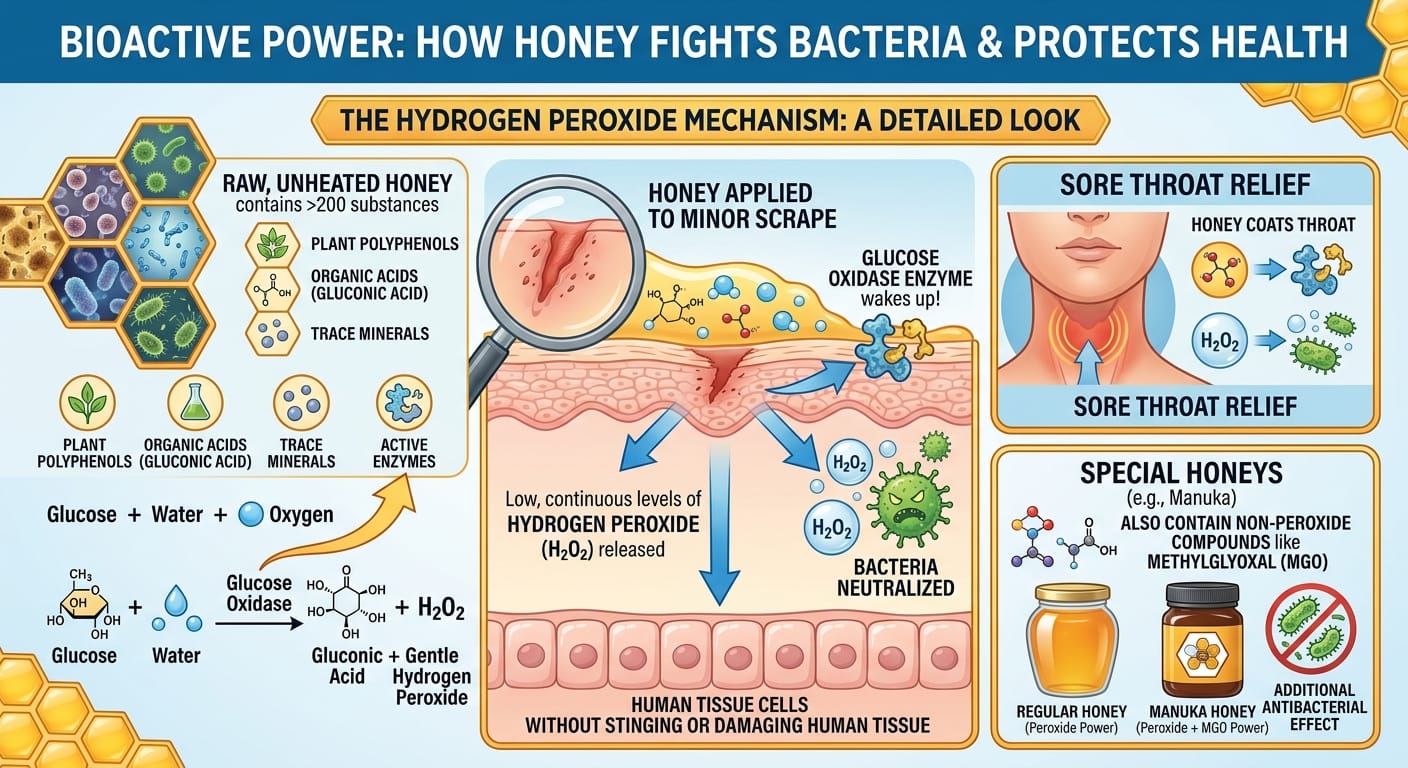 Educational infographic titled Bioactive Power detailing how glucose oxidase in honey converts glucose, water, and oxygen into gluconic acid and hydrogen peroxide to neutralize bacteria.