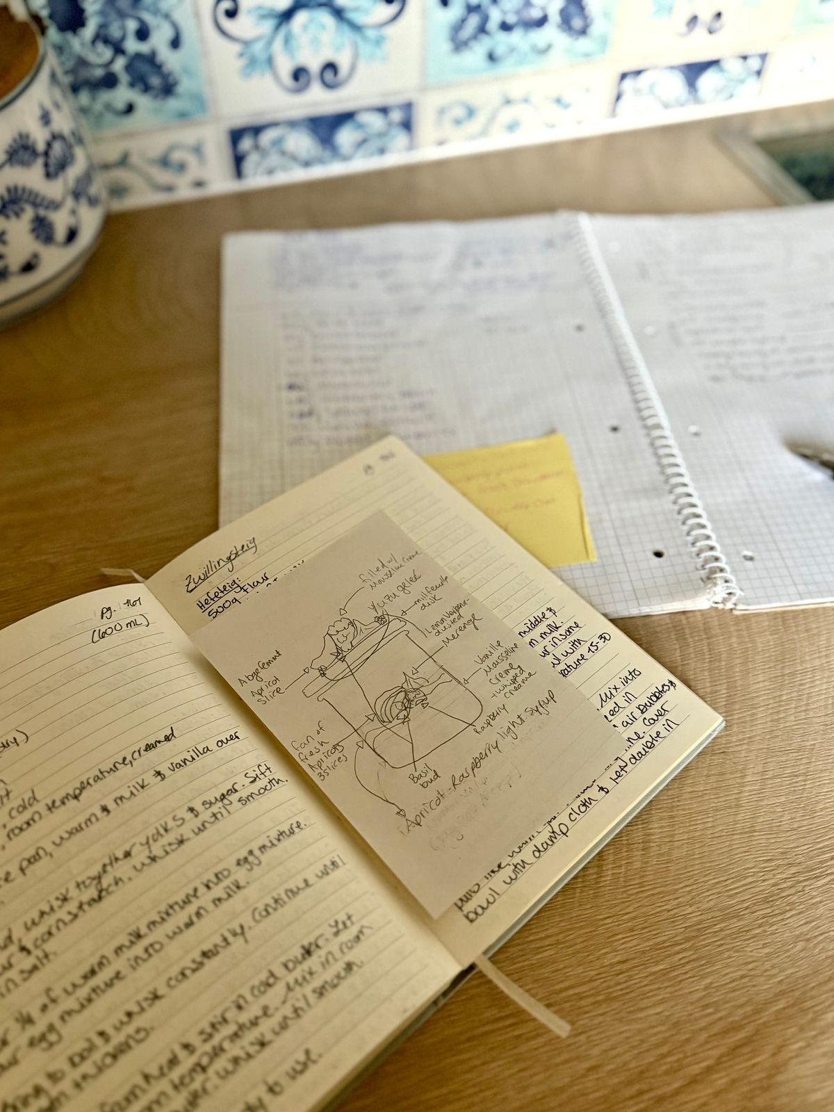 op-down view of an open notebook with handwritten baking instructions and a transparent sticky note featuring a detailed sketch of layered pastry components on a wooden desk.