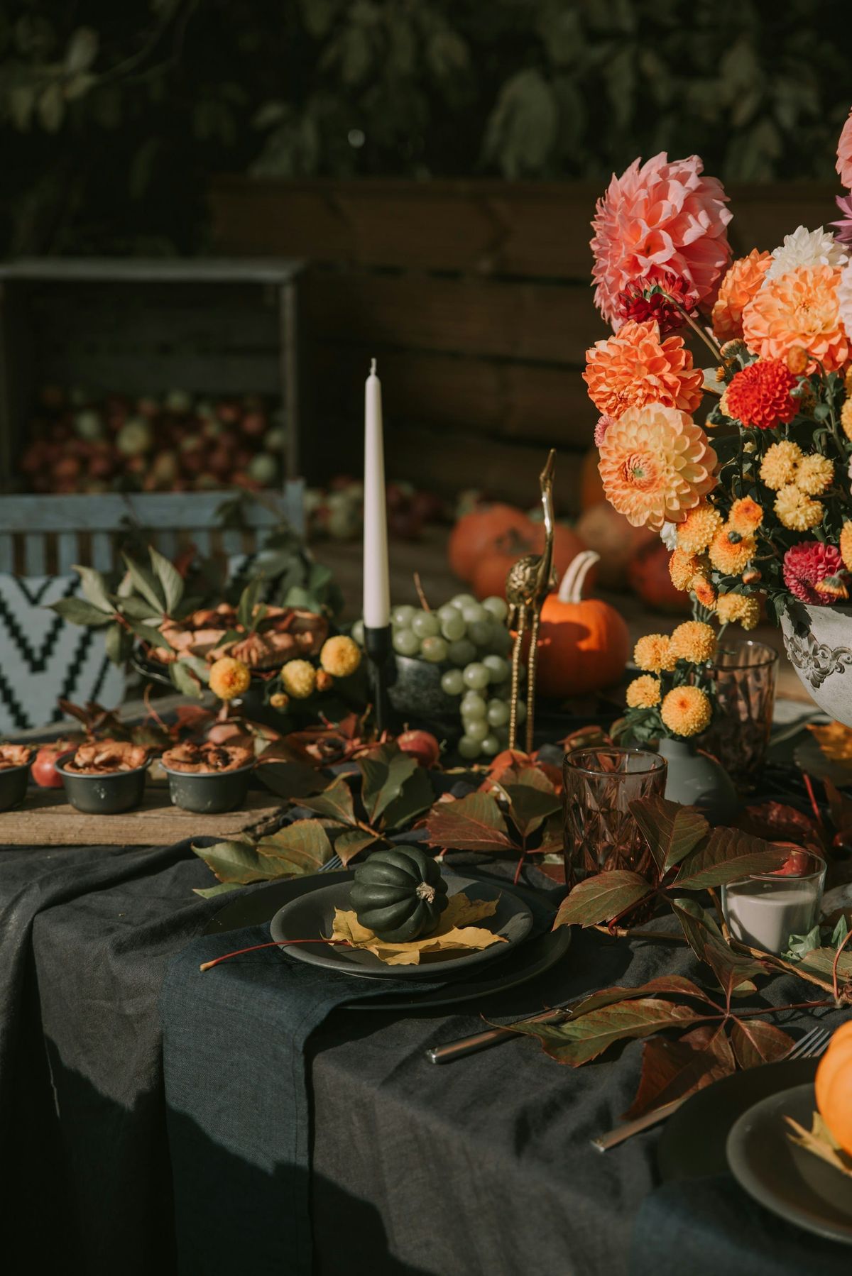 An outdoor autumn harvest table setting with dark table linens, dark grey plates, orange dahlias in a vase, taper candles, small pumpkins, and bowls of green grapes.