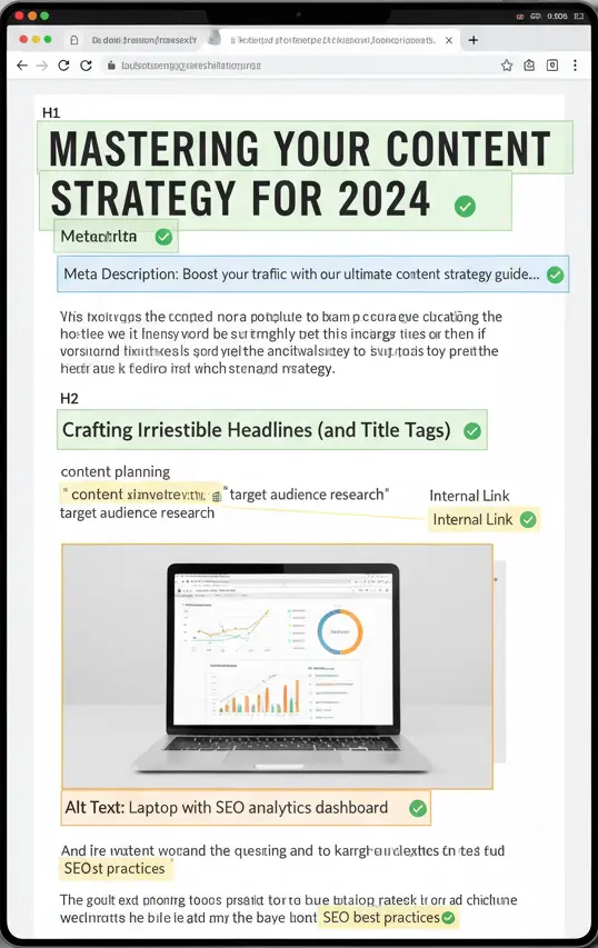 screenshot of a blog post as viewed on a desktop browser, with key on-page SEO elements visually highlighted