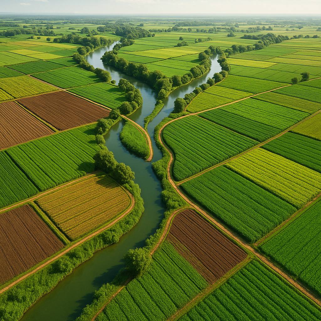 A river distributing its contents over lush green fields