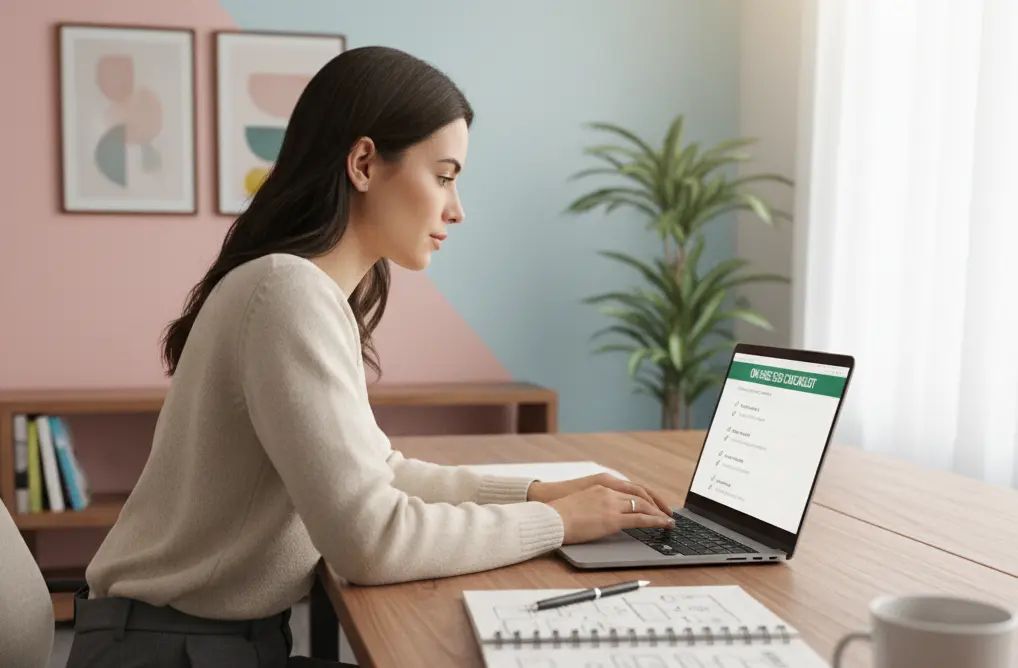 content marketer in a sleek office environment actively working through an on-page SEO checklist on their laptop