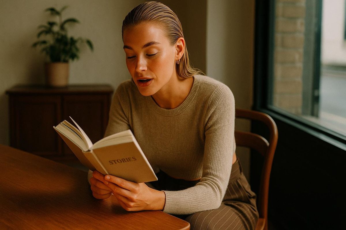 content marketer reads story content from book