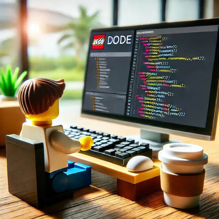 Lego person staring at a social media-like site with code instead of static content.