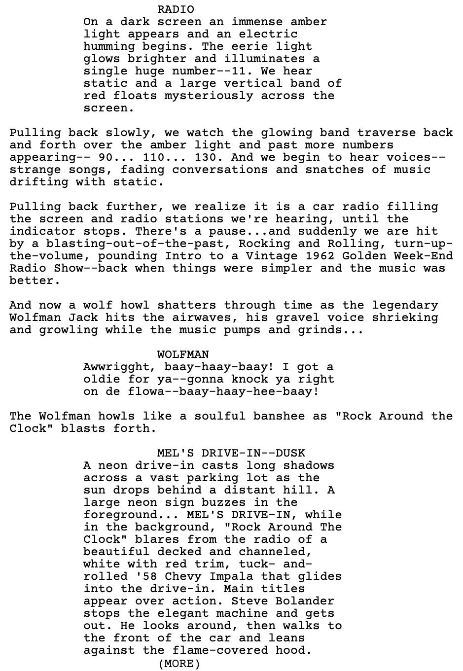 Judy, here is the first page of the American Graffiti script.