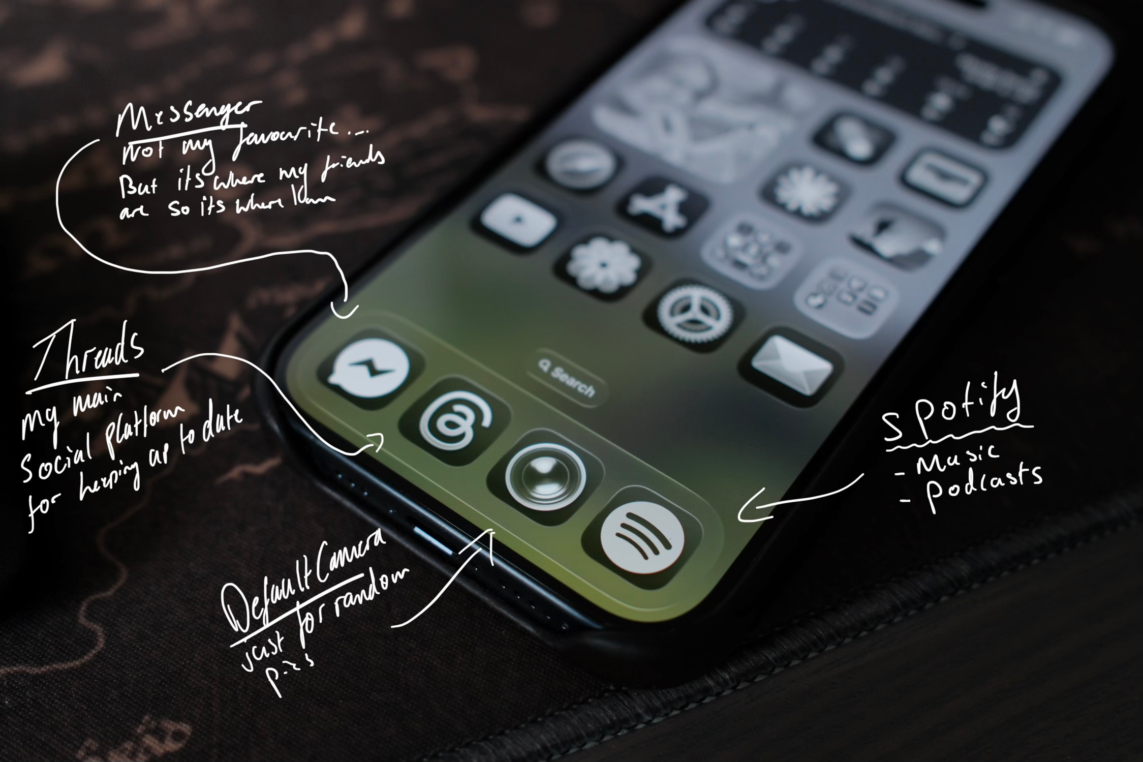 Marked up dock on my iPhone featuring messenger, threads, camera and spotify