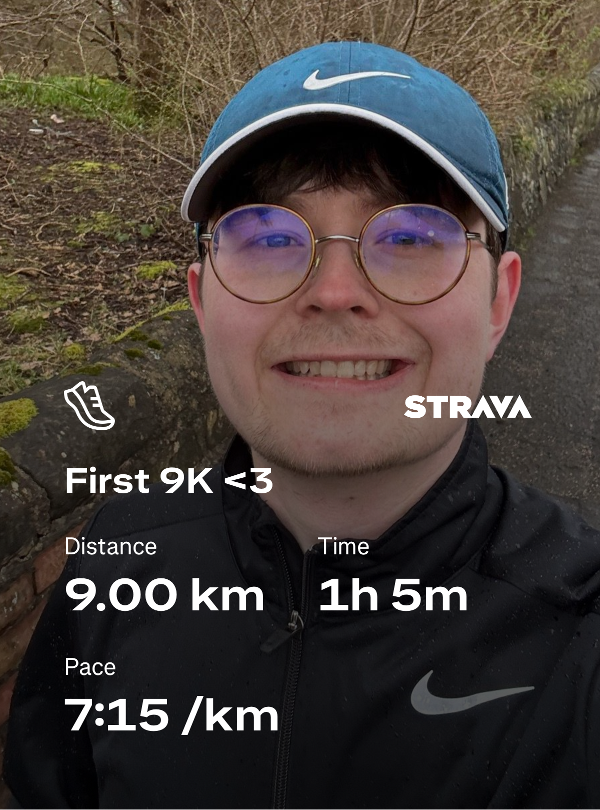 First 9KM run picture. Time 1h 5m. Pace 7:15 /km