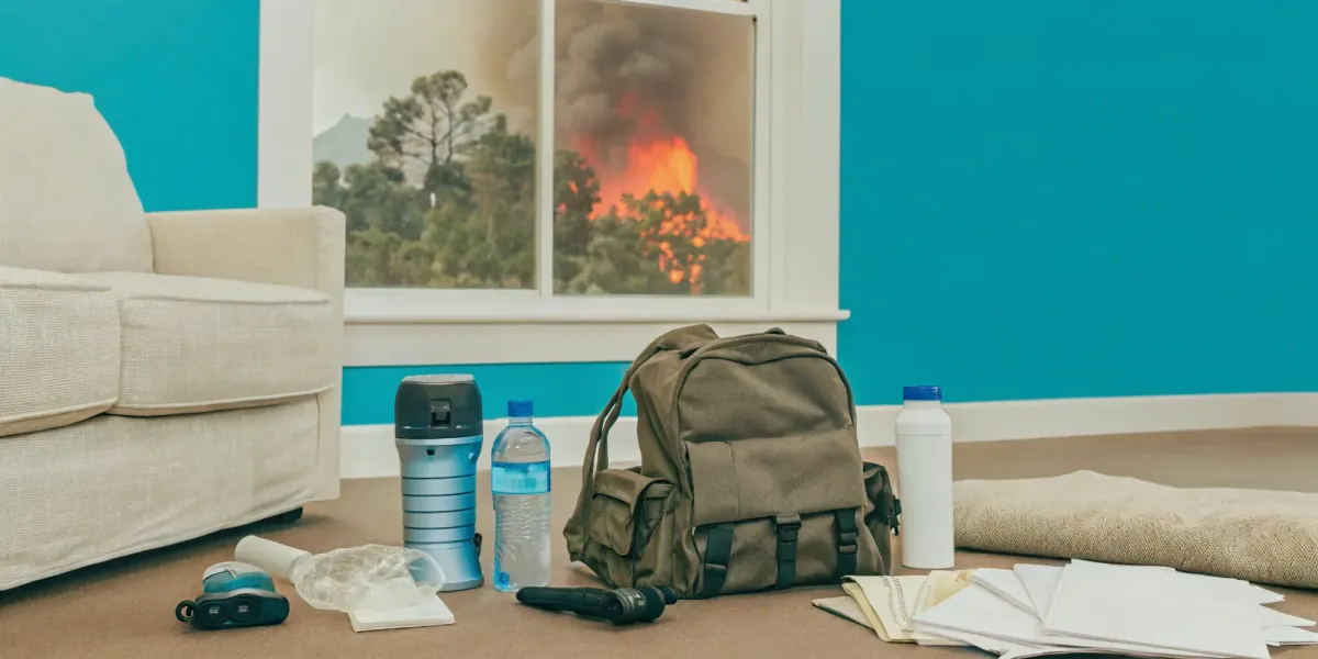 Wildfire evacuation go bag packed with essentials.