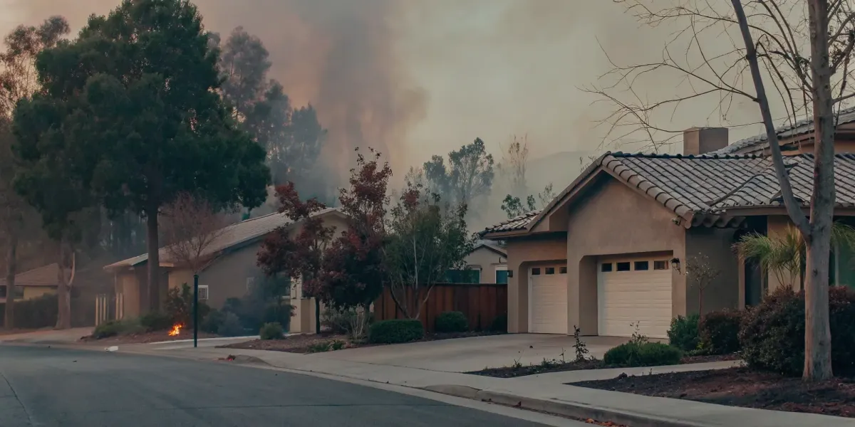 A home's vulnerability to wildfire shown by nearby smoke, a risk managed by an assessment tool.