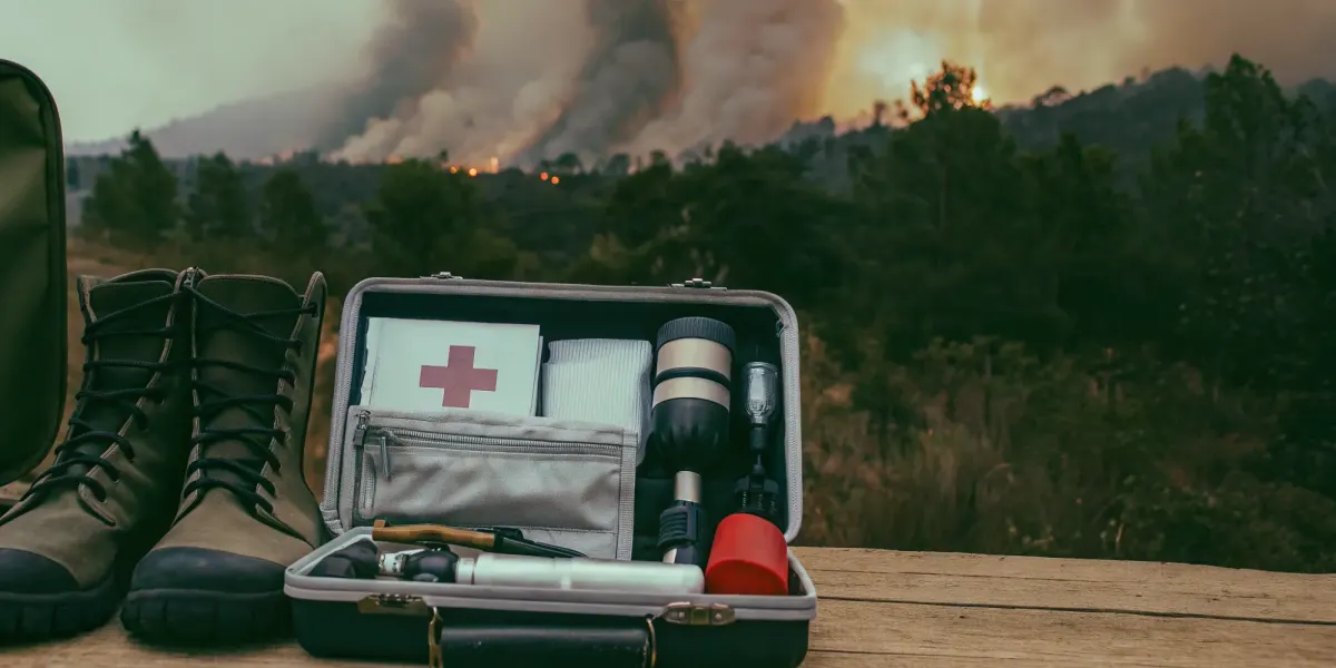 A Northern California wildfire emergency kit with first aid and a flashlight, packed according to a checklist.