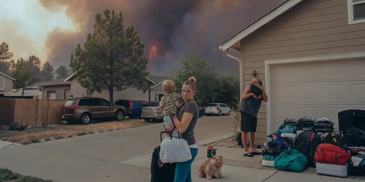 A family with their pet follows a pet evacuation plan during an emergency.