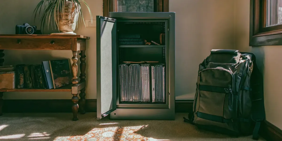 A home inventory template and documents in a fireproof safe for wildfire preparedness.