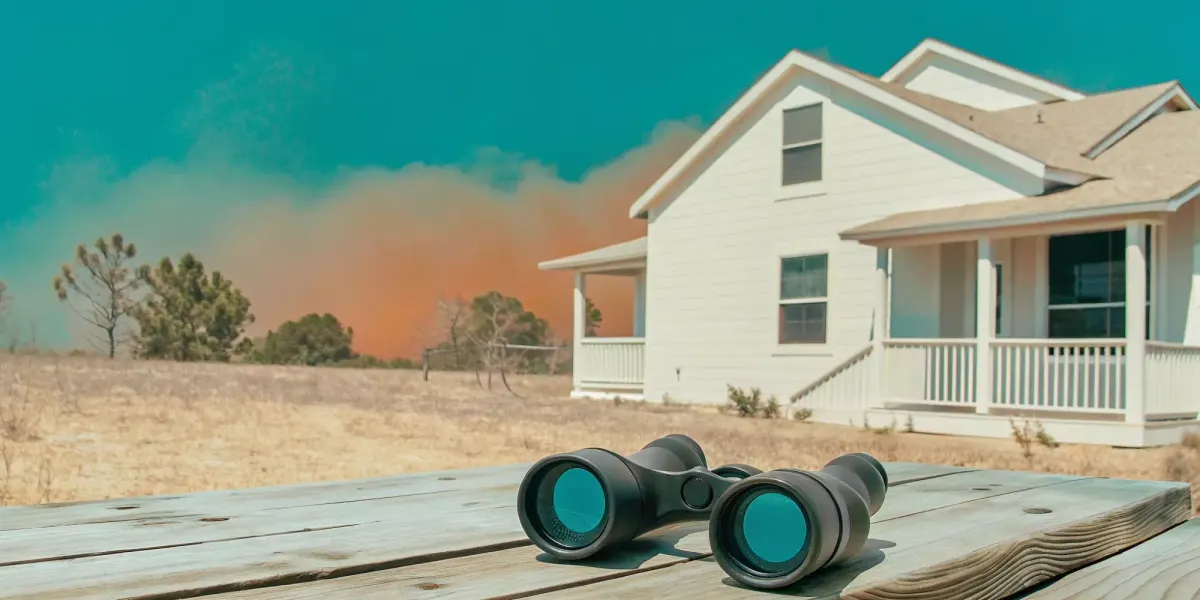 Evaluating property wildfire risk with binoculars as smoke approaches a home.