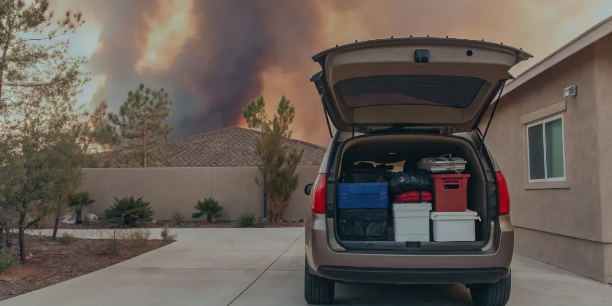 Car packed with emergency supplies for a wildfire evacuation with smoke in the background.