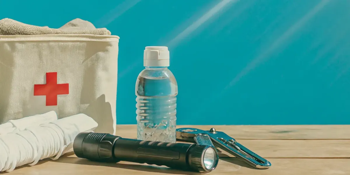 Emergency kit supplies from a checklist, including a first aid bag, water, flashlight, and multitool.