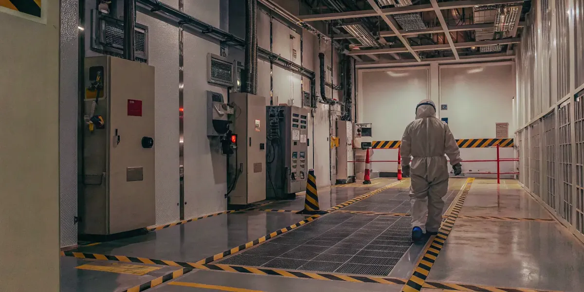 Worker in a facility with equipment meeting ATEX Zone 2 safety requirements.